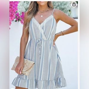 CUPSHE Striped Contrast Lace Drawstring Mini Dress Casual Summer. Size Large